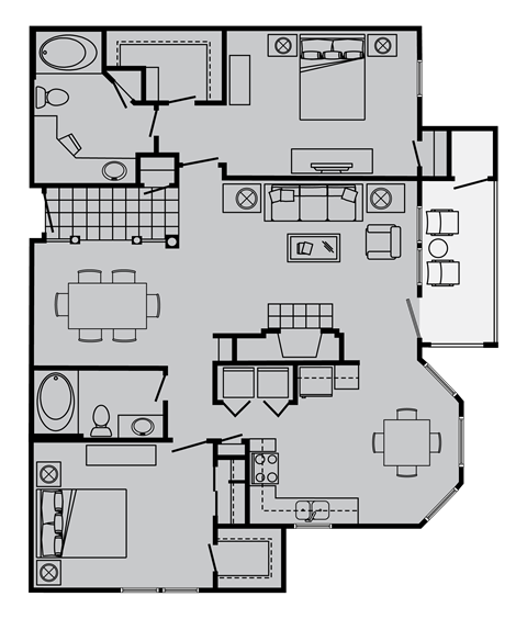 Floor plan for 2 beds, 2 baths, 1323 sqft